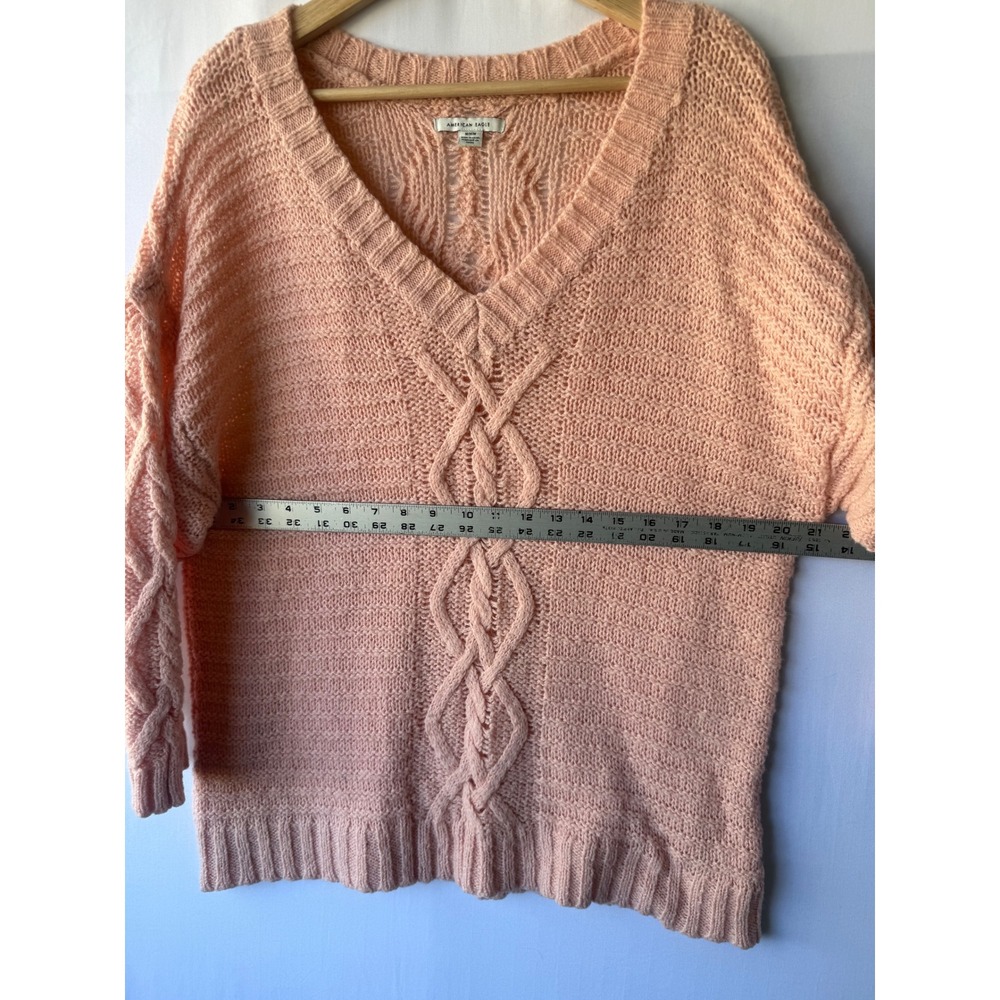 American Eagle Peach Cable Knit V-Neck Wool Blend Sweater Medium Oversized - Picture 6 of 8